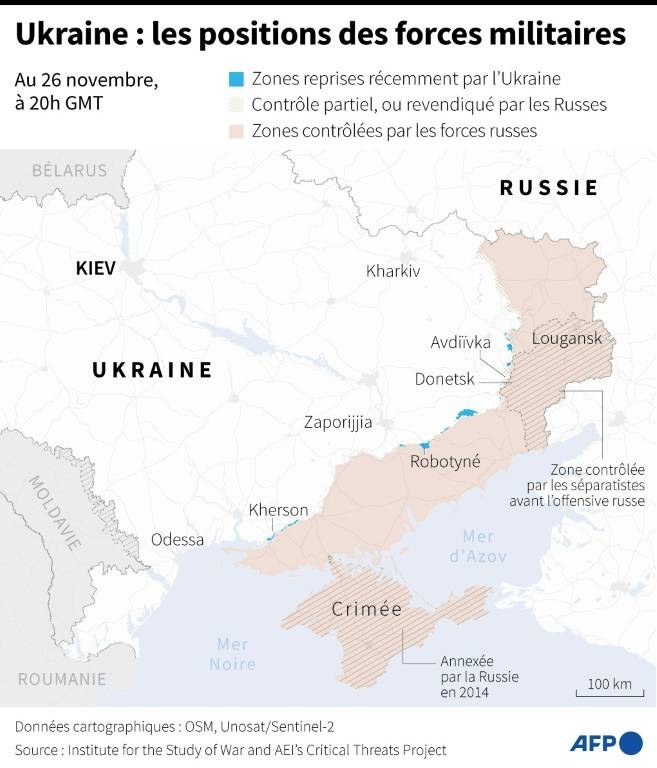 Mapa obszarów kontrolowanych przez siły ukraińskie i rosyjskie na Ukrainie na dzień 26 listopada 2023 r., godz. 20:00 GMT (AFP/Sabrina Blanchard)