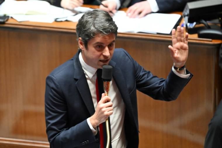 Gabriel Attal lors de la séance des questions au Premier ministre le 3 avril 2024 à l'Assemblée nationale à Paris  ( AFP / Bertrand GUAY )