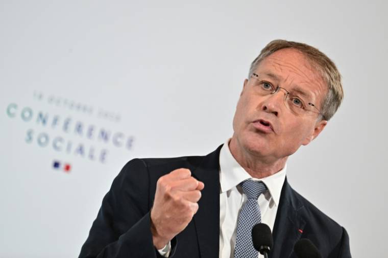 François Asselin, président de la confédération des PME (CPME) lors d'une conférence de presse à Paris le 16 octobre 2023 ( POOL / Miguel MEDINA )