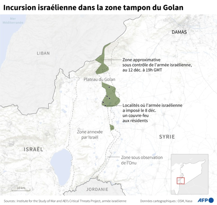 Carte du plateau du Golan et de la région environnante montrant l'avancée approximative de l'armée israélienne dans la zone tampon contrôlée par l'ONU, selon l'ISW au 12 décembre à 19h GMT ( AFP / Valentina BRESCHI )