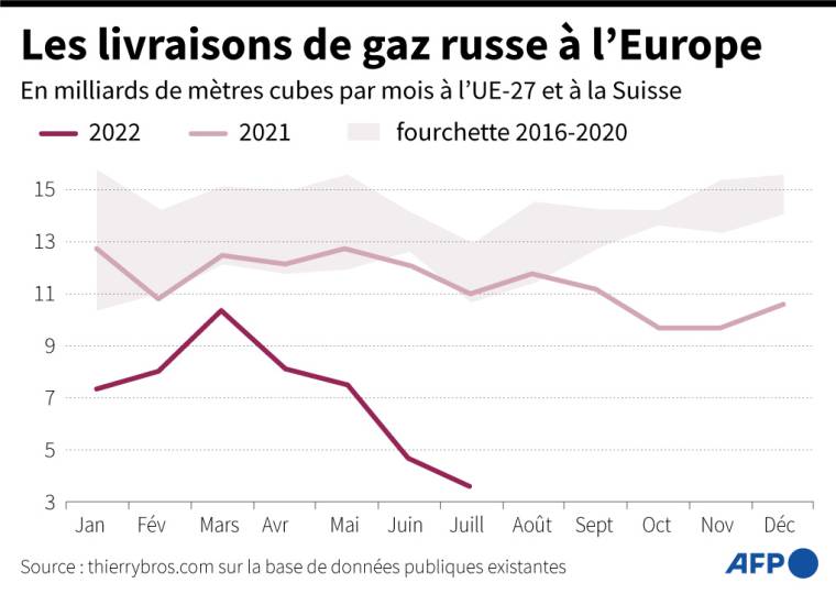 Livraisons de gaz russe à l'UE-27 et à la Suisse, selon des données de thierrybros.com établies sur la base de données publiques ( AFP /  )