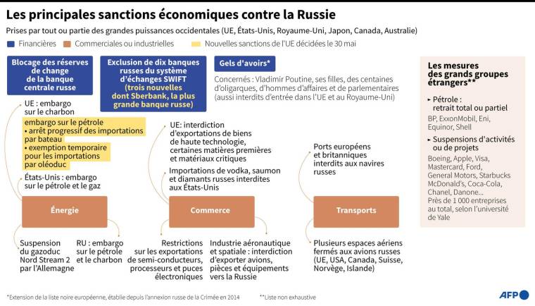 Graphique montrant les principales sanctions économiques prises par les puissances occidentales contre la Russie au 2 juin ( AFP /  )