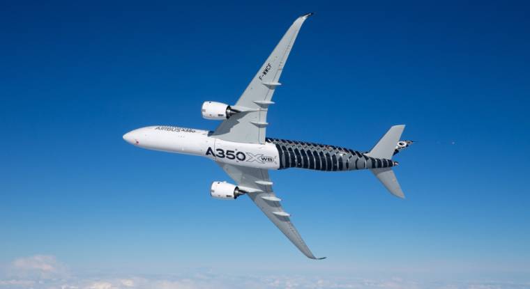 Une des deux illustrations majeures de l'innovation française dans le secteur, l'A350 d'Airbus.(©Airbus)