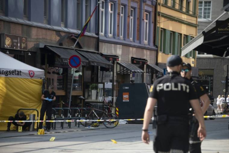 Des policiers sur les lieux d'une fusillade meurtrière à Oslo, le 25 juin 2024 en Norvège ( AFP / Olivier MORIN )