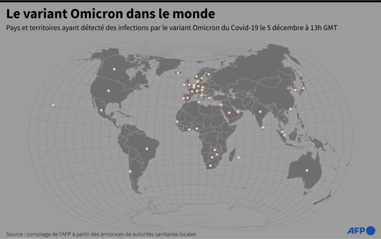 Carte des pays du monde ayant détecté des infections par le variant Omicron du coronavirus (SARS-CoV-2 B.1.1.529), au 5 décembre à 13h GMT ( AFP /  )