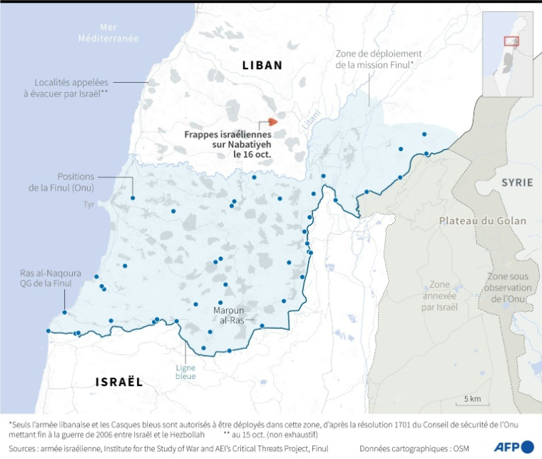 Carte du sud du Liban montrant notamment la zone de déploiement de la Finul (Onu) et les frappes israéliennes sur Nabatiyeh du 16 octobre ( AFP / Nalini LEPETIT-CHELLA )