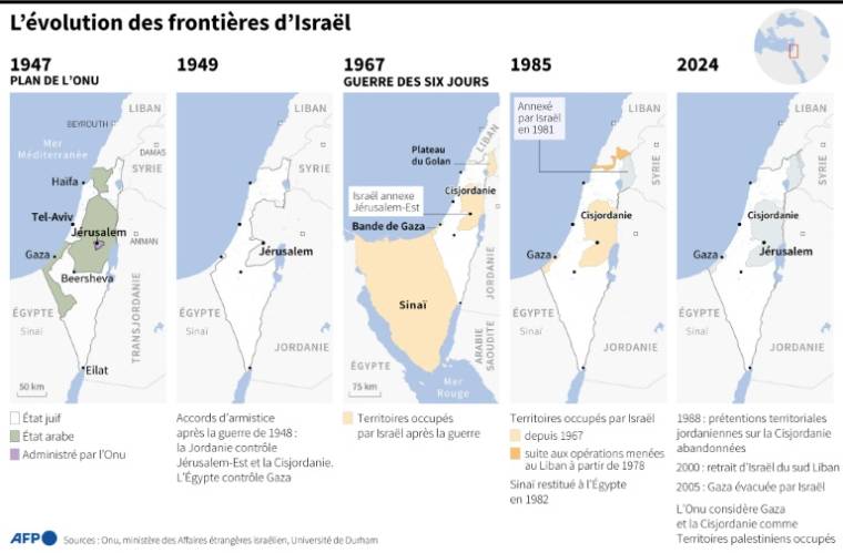 Cartes des principales évolutions des frontières d'Israël depuis 1947 ( AFP / Sophie RAMIS )