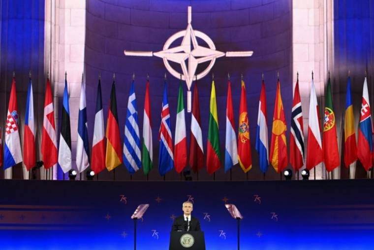 Le secrétaire général de l'Otan, Jens Stoltenberg, prononce un discours lors d'une cérémonie pour le 75e anniversaire de l'Otan, le 9 juillet 2024 à Washington ( AFP / SAUL LOEB )
