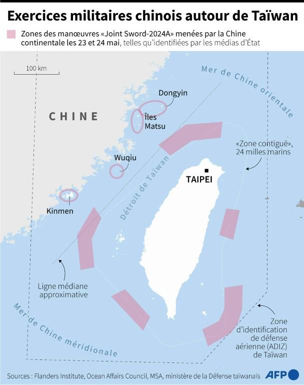 Carte de Taïwan montrant les zones identifiées d'exercices militaires chinois autour de l'île les 23 et 24 mai, selon les médias de Chine continentale ( AFP / Nicholas SHEARMAN )