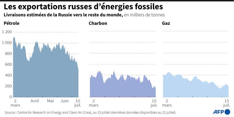 Evolution des exportations russes de pétrole, de charbon et de gaz entre le 2 mars et le 15 juillet 2022, selon les données du Centre for Research on Energy and Clean Air ( AFP /  )