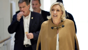 La cheffe de file du Rassemblement National (RN) Marine Le Pen arrive avec le premier vice-président du RN et maire de Perpignan Louis Aliot au tribunal de Paris, le 5 novembre 2024 ( AFP / STEPHANE DE SAKUTIN )