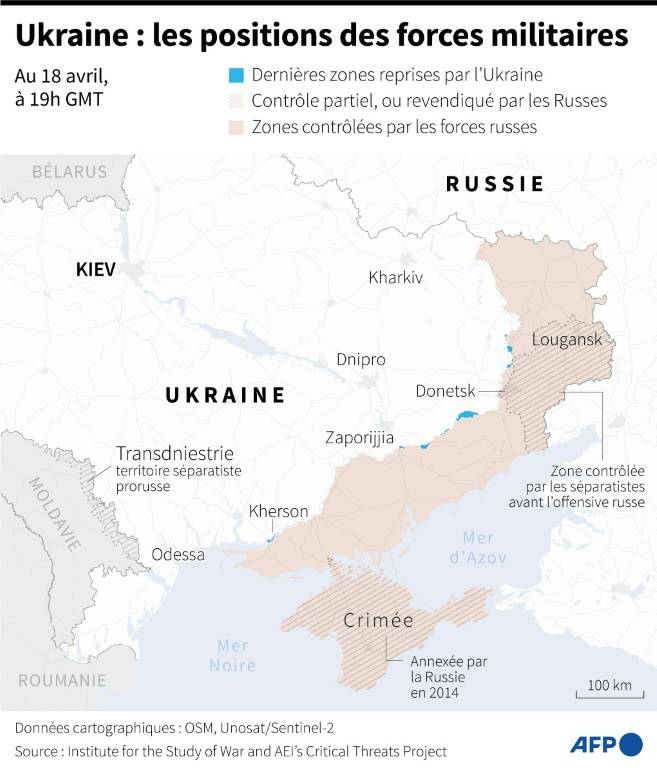 Carte des zones contrôlées par les forces ukrainiennes et russes en Ukraine au 18 avril 2024 à 19h GMT ( AFP / Valentin RAKOVSKY )