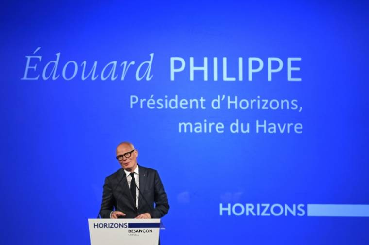 L'ancien Premier ministre, maire du Havre et président d'Horizons, Edouard Philippe, lors d'un meeting de campagne pour les élections européennes, le 5 avril 2024 à Besançon ( AFP / ARNAUD FINISTRE )