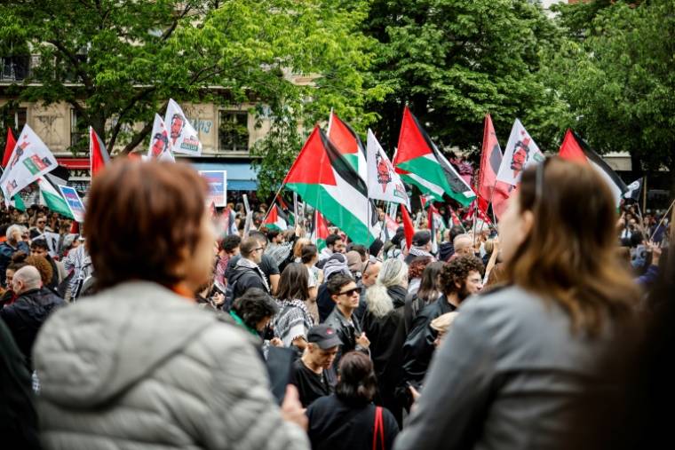 Des drapeaux palestiniens lors de la manifestation du 1er mai 2024 à Paris ( AFP / OLYMPIA DE MAISMONT )