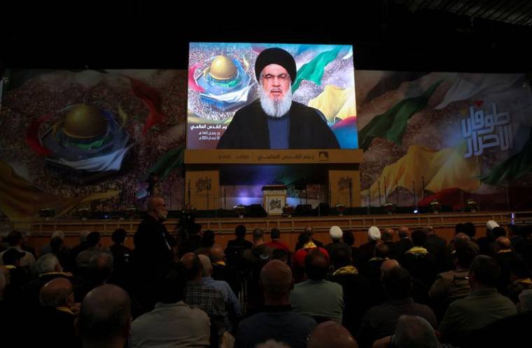 Sayyed Hassan Nasrallah,  prononce un discours télévisé lors d'un rassemblement marquant la Journée al-Qods dans la banlieue sud de Beyrouth