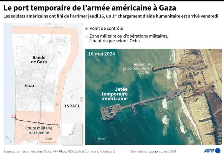 Carte de la bande de Gaza montrant la jetée temporaire de l'armée américaine, arrimée jeudi 16 mai 2024 ( AFP / Nalini LEPETIT-CHELLA )