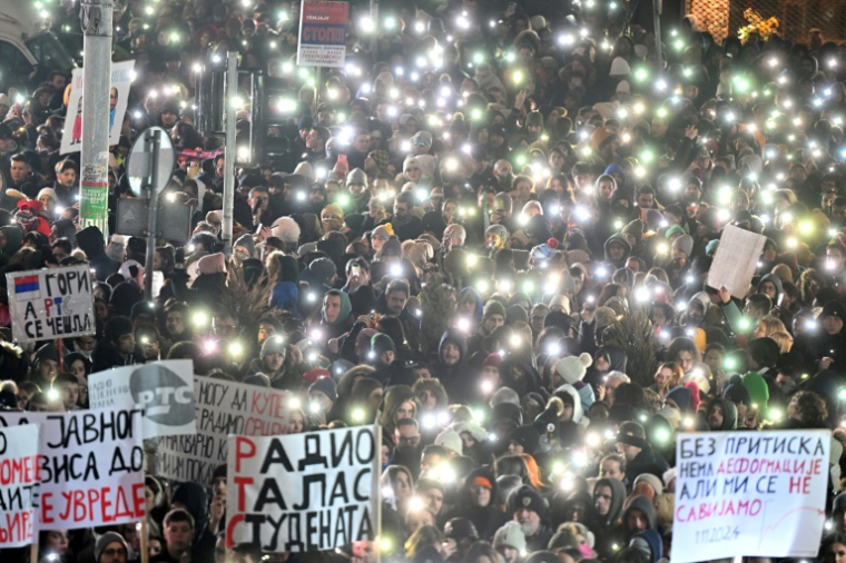 Des milliers de manifestants devant la Télévision nationale serbe à Belgrade le 17 janvier 2025 ( AFP / Oliver Bunic )