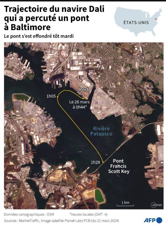Image satellite avec la trajectoire du navire Dali qui a percuté le pont Francis Scott Key à Baltimore, sur la côte est des États-Unis, tôt mardi ( AFP / Nalini LEPETIT-CHELLA )