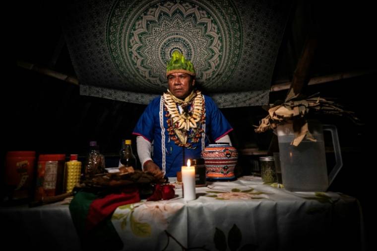 Le guérisseur colombien Claudino Pérez lors d'une cérémonie de rituel de purification à l'ayahuasca, le 15 mars 2024, à La Mesa, en Colombie  ( AFP / Luis ACOSTA )