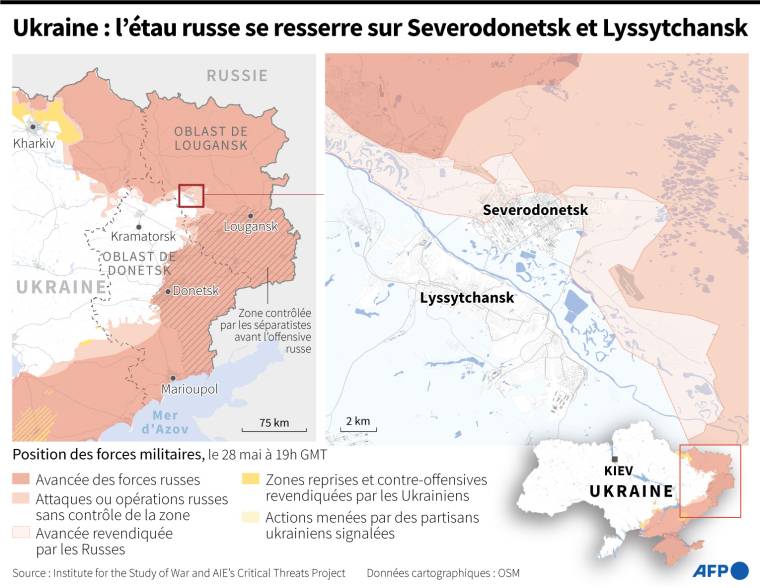 Carte de l'Est de l'Ukraine et zoom sur les localités de Severodonetsk et Lyssytchansk, au 28 mai à 19h GMT ( AFP /  )