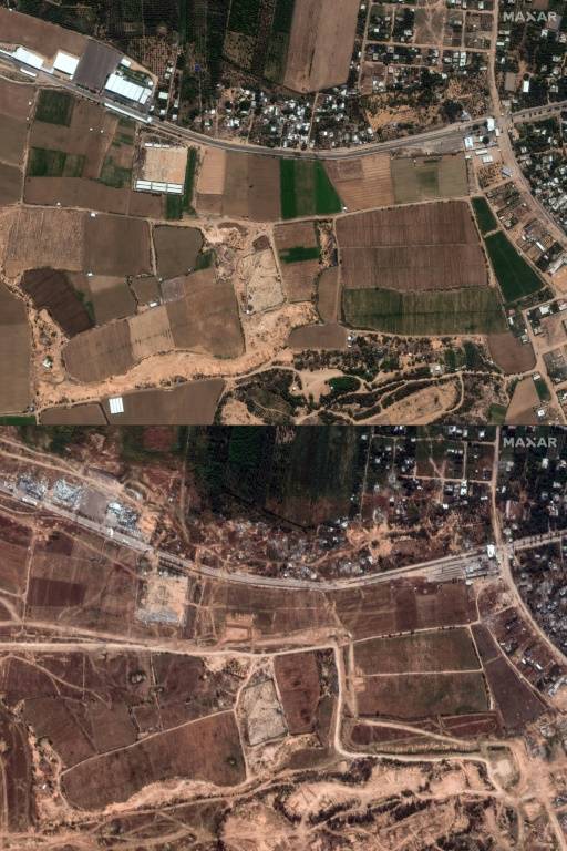 Combo créé le 5 avril 2024 d'images satellite publiées par Maxar Technologies datées du 18 septembre 2023 (haut) et du 5 avril 2024 (bas) montrant la destruction le long de la route Salah al-Din, au sud du point de passage d'Erez, entre le nord de Gaza et Israël ( Satellite image ©2024 Maxar Technologies / - )