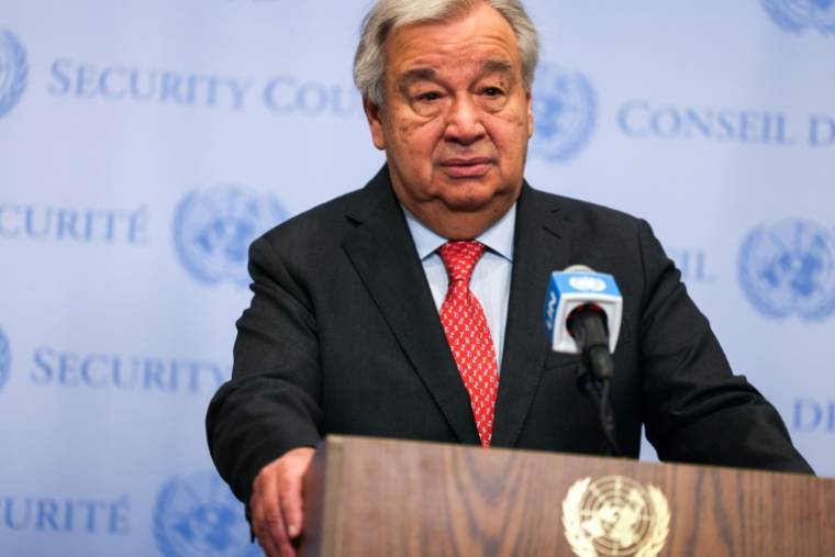 Le secrétaire général de l'ONU, Antonio Guterres, lors d'une conférence de presse, le 5 avril 2024 à New York ( AFP / Charly TRIBALLEAU )