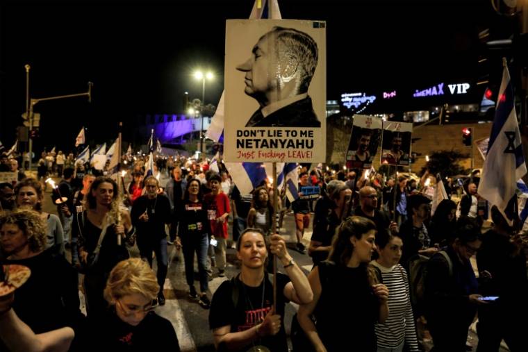 Manifestation contre le Premier ministre israélien Benjamin Netanyahu, le 2 avril 2024 à Jérusalem ( AFP / AHMAD GHARABLI )