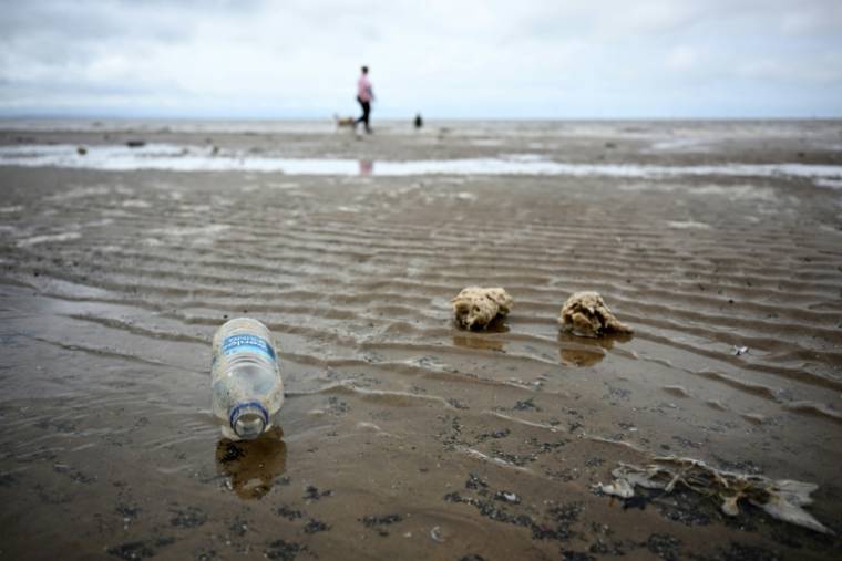 Des déchets, dont une bouteille d'eau en plastique jetée, rejetés sur le rivage, à Crosby, en Angleterre, le 22 avril 2024 ( AFP / Paul ELLIS )