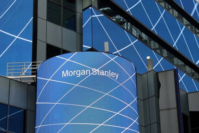 Le logo de la société financière Morgan Stanley au siège mondial de la société à New York