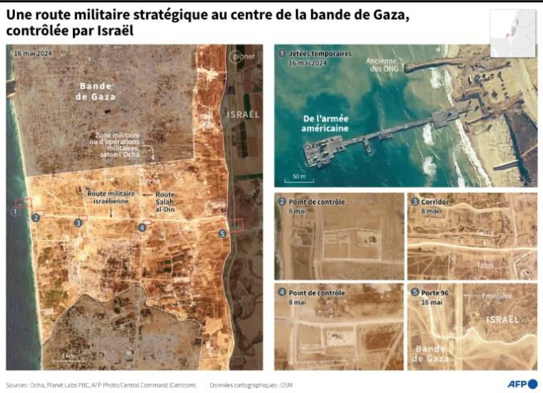 Images satellites de Planet Labs PBC et du Centcom montrant la route militaire israélienne dans le centre de la bande de Gaza ainsi que des lieux stratégiques à proximité ( AFP / Nalini LEPETIT-CHELLA )