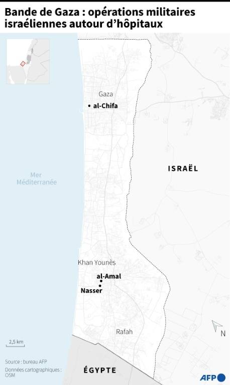 Carte de la bande de Gaza avec les hôpitaux concernés par des opérations militaires israéliennes le 25 mars 2024  ( AFP / Sylvie HUSSON )