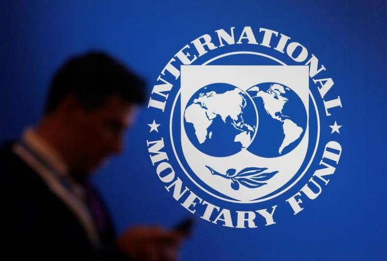 Un homme se tient près d'un logo du FMI