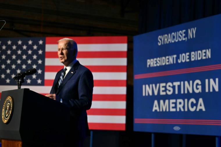 Joe Biden lors d'un discours à Syracuse (Etat de New York), le 25 avril 2024 ( AFP / ANDREW CABALLERO-REYNOLDS )