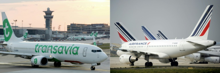 Un Boeing 737-800 de la compagnie aérienne Transavia le 26 juin 2020 à l'aéroport d'Orly (à gauche) et un avion de la compagnie aérienne Air France le 24 septembre 2014 à l'aéroport Charles de Gaulle de Roissy (AFP / ERIC PIERMONT)