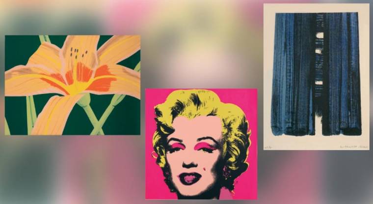 Lithographies : Day Lily, 1969 dédicacée par Alex Katz - Marilyn, 1967 litho d'Andy Warhol signée et numérotée - Lithographie 42 sur vélin Arches datée 1979, signée Pierre Soulages. (© Montage Le Revenu)