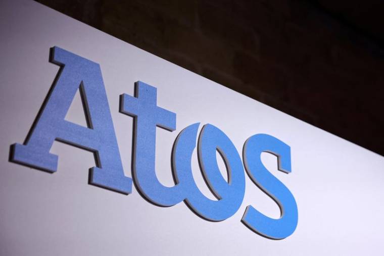 Le logo de la société française Atos lors d'une conférence de presse à Paris