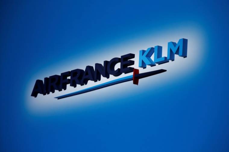 The Air France-KLM company logo is seen at the annual shareholder meeting in the La Defense business district in Puteaux
