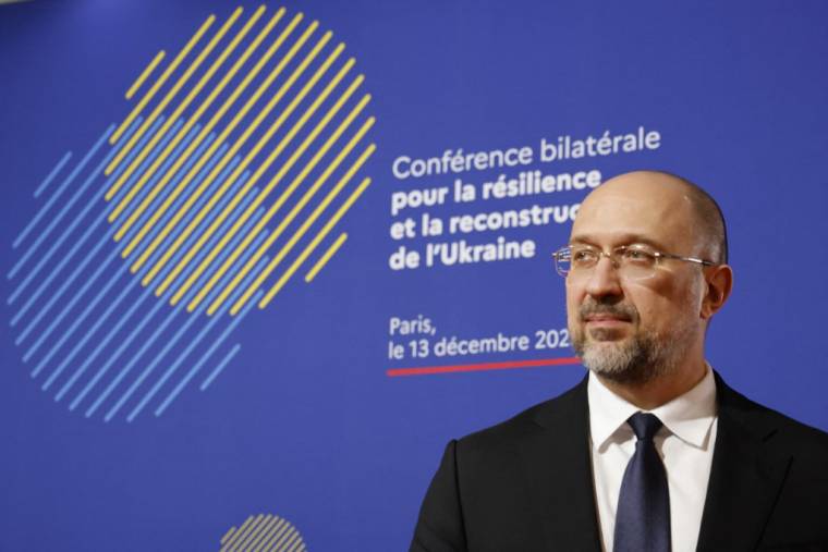 Denys Chmyhal, Premier ministre ukrainien, lors de la conférence franco-ukrainienne pour la résilience et la reconstruction au ministère de l'Économie à Paris le 13 décembre 2022. ( POOL / LUDOVIC MARIN )