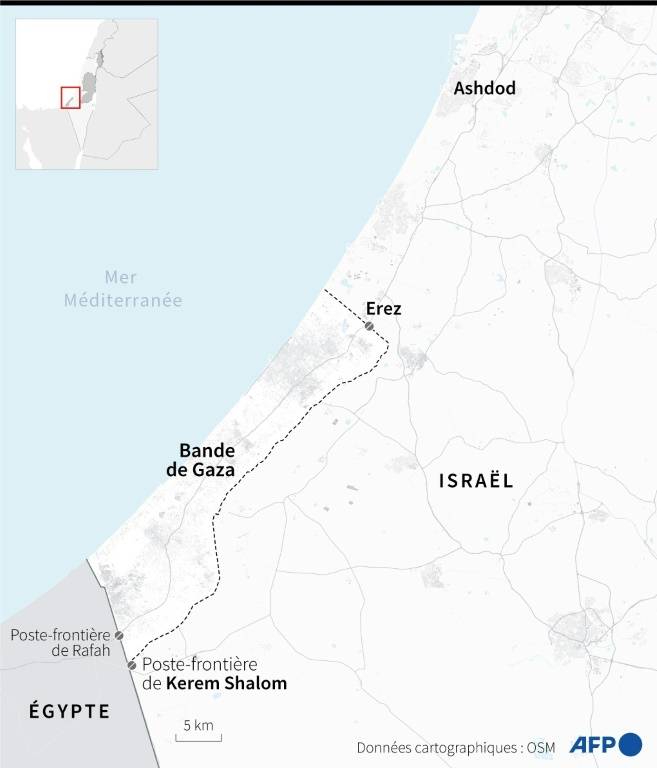 Carte de la bande de Gaza et d'Israël montrant Ashdod, le point de passage d'Erez et les poste-frontières de Kerem Shalom et Rafah ( AFP / Nalini LEPETIT-CHELLA )