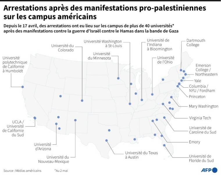 Carte des universités américaines où des personnes ont été arrêtées après des manifestations pro-palestiniennes entre le 17 et le 2 mai ( AFP / Corin FAIFE )
