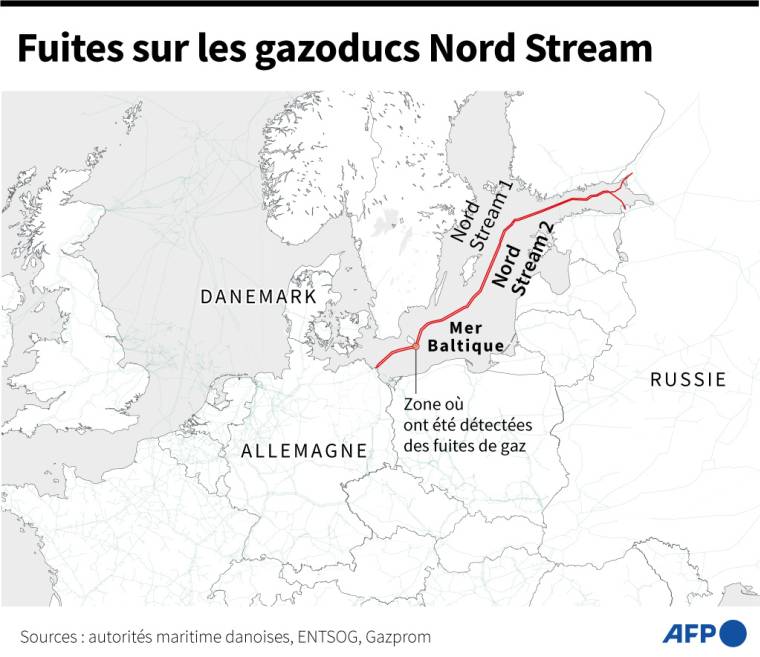 Carte de la zone où ont été détectées des fuites de gaz sur le parcours du gazoduc Nord Stream 1 et 2 ( AFP /  )