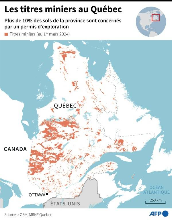 Carte montrant les titres miniers au Québec, qui couvrent plus de 10% des sols de la province, selon les données du Ministère des ressources naturelles et des forêts ( AFP / Corin FAIFE )
