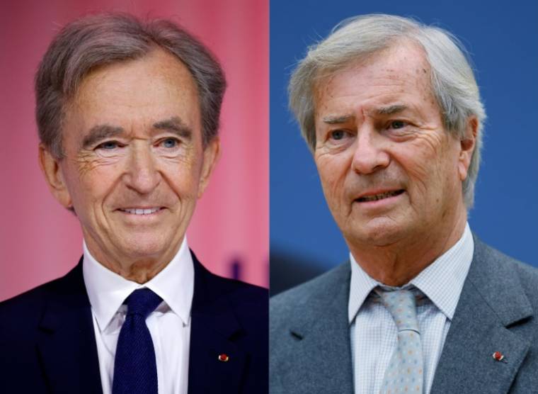 Bernard Arnault (G) à Paris le 15 juin 2023 et Vincent Bolloré à Paris le 19 janvier 2022 ( AFP / Ludovic MARIN )