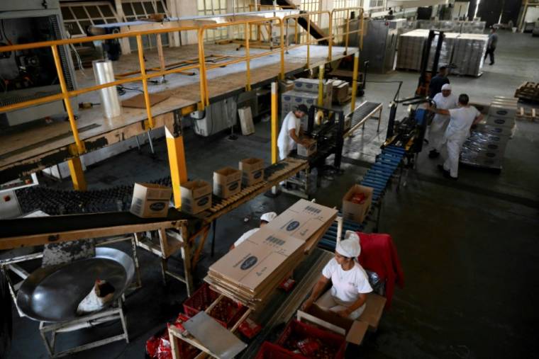 Des employés de l'usine de biscuits Dulcypas à La Matanza, dans la province de Buenos Aires, le 17 avril 2024 en Argentine ( AFP / LUIS ROBAYO )