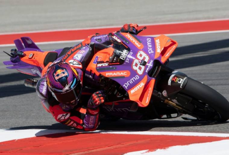 Le pilote espagnol Jorge Martin (Ducati-Pramac) lors du GP des Amériques MotoGP sur le circuit d'Austin (Texas) le 13 avril 2024.   ( GETTY IMAGES NORTH AMERICA / Mirco Lazzari gp )