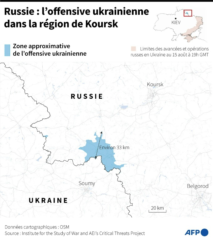 Carte montrant les zones où l'armée ukrainienne a avancé dans la région russe de Koursk au 15 août ( AFP / Valentin RAKOVSKY )