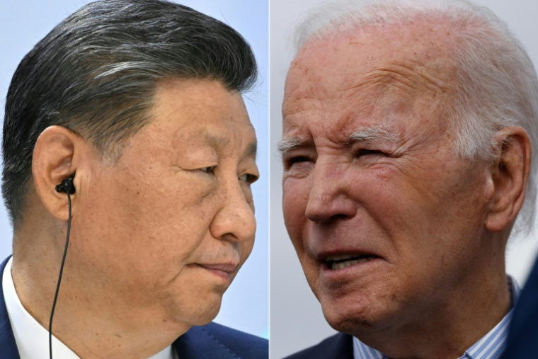 Combo des présidents américain Joe Biden, à l'aéroport d'Avoca en Pennsylvanie le 2 novembre 2024, et chinois Xi Jinping au sommet des Brics à Kazan le 23 octobre 2024 ( AFP / Alexander NEMENOV )