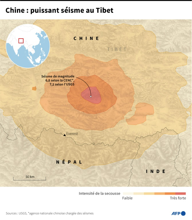 Carte de la région du Tibet, dans le sud-ouest de la Chine, montrant l'intensité de la secousse du séisme survenu mardi ( AFP / John SAEKI )