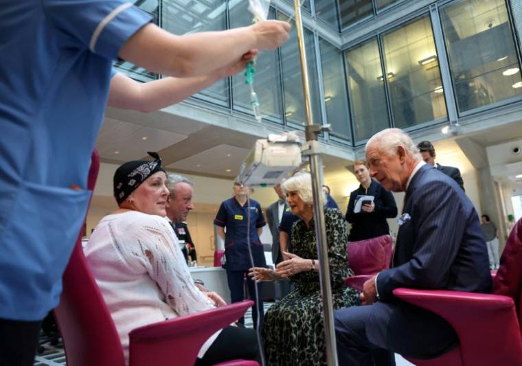 Le roi Charles III et Camilla discutent avec une patiente dans un centre de traitement du cancer à Londres, le 30 avril 2024 ( POOL / Suzanne Plunkett )