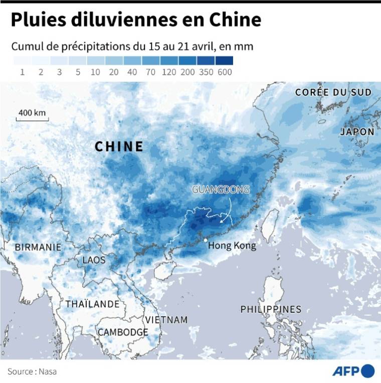 Carte de Chine montrant le cumul de pluies du 15 au 21 avril, selon la Nasa ( AFP / Nicholas SHEARMAN )
